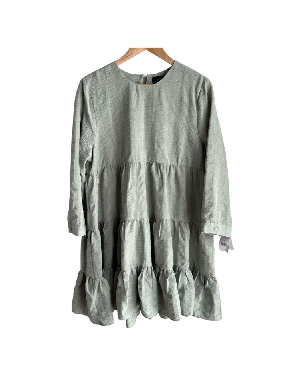 Boutique Long Sleeve Ruffle Dress L Sage Green Tiered Below Knee Feminine NWT